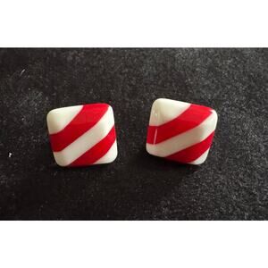 Vintage 1/2” Red White Candy Stripe Stud Earrings Square Retro Holiday E101